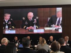From left, the Army’s Maj. Gen. Patricia Frost, Maj. Gen. John Morrison, and Maj. Gen. David Lacquement (Ret.) discuss at a recent AUSA event how the Army is integrating electronic warfare capabilities into a multifunction approach with cyber and intelligence operations.