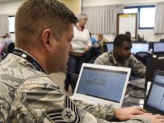 An Arkansas Air National Guard technical sergeant works in a cybersecurity incident response training exercise. The Joint Force Headquarters-Department of Defense Information Network (JFHQ-DODIN) is expanding its reach into U.S. Defense Department networks and accelerating the pace of cyber defense as it confronts new challenges from adversaries.