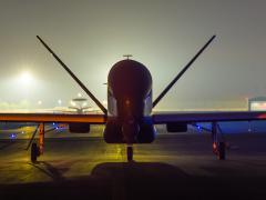An EQ-4 Global Hawk equipped with a battlefield airborne communications node, which has been used to link multinational coalition ground and airborne assets, prepares to depart on a mission in Southwest Asia. The Defense Information Systems Agency (DISA) is counting on innovation to further its networking activities, particularly among coalition partners.