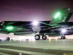 A Marine Corps F-35B taxis during night flight operations at Marine Corps Air Station Yuma in Arizona. With its advanced sensor suite, the F-35B may assume an additional role serving warfighters on the ground as an information source for the Marine Corps Enterprise Network.