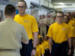 Master Chief Petty Officer of the Navy Mike Stevens manages the first issuance of mobile devices to recruits during the launch of eSailor at Recruit Training Command this spring. The program provides sailors entering boot camp with wireless mobile technology for training and communications and will eventually offer access to medical records and a means to take advancement exams. The beta test will provide information on how to fully implement wireless technology throughout the fleet
