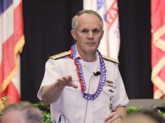 Rear Adm. Phillip Sawyer, USN, deputy commander, U.S. Pacific Fleet, summarizes the state actor threats to the United States during AFCEA TechNet Asia-Pacific in Honolulu. Photo by Bob Goodwin