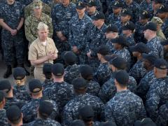 Chief of Naval Operations Adm. John Richardson, USN, holds an all-hands call aboard the littoral combat ship USS Coronado as the ship is moored in Singapore on Tuesday. Photo by Petty Officer 1st Class Nathan Laird, USN