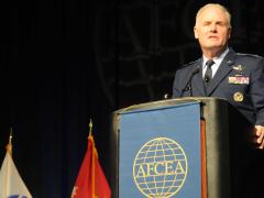 Maj. Gen. Roger Teague, USAF, director of space programs in the Office of the Assistant Secretary for Acquisition for the U.S. Air Force, discusses future programs at AFCEA's TechNet Air symposium.