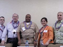 Leadership will be challenged to manage and communicate differently with work force of the future, said TechNet Asia-Pacific panelists, l-r: Master Sgt. Brandon T. Cruz, USAF; John C. Adams; Capt. Herman L. Archibald, USN; Sam M.P. Sneed, director, ES&, Inc.; and Jeffrey T. Jacoby.