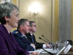 Heather Wilson, secretary of the Air Force; Gen. David L. Goldfein, USAF, Air Force chief of staff; and John H. Pendleton, director, defense capabilities and management, U.S. Government Accountability Office, speak about Air Force Readiness to the Senate Armed Services Committee. They discussed topics such as closing the maintainer’s gap, training ranges and cost effectiveness in logistics. (Photo by Wayne Clark)