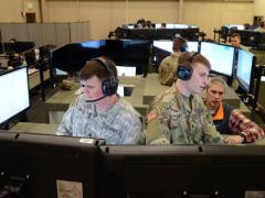 Soldiers train in a Stryker Virtual Collective Trainer at the Mission Training Complex on Joint Base Lewis-McChord, Washington. The system was recently fielded to Vilseck, Germany, the first fielding in Europe.   Credit: C. Todd Lopez