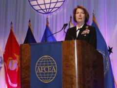 Vice Adm. Nancy A. Norton, DISA director and commander of the JFHQ-DODIN, discusses DISA's workforce needs at TechNet Cyber. Photo by Michael Carpenter 