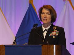 Vice Adm.Nancy A. Norton, DISA director and commander of the JFHQ-DODIN, addresses the audience at TechNet Cyber. Photo by Michael Carpenter