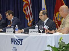 Hyperwar and its ramifications were the subject of a West 2018 panel comprising (r-l) Capt. Sean Heritage, USN, Navy and IT portfolio lead, DIUx; Amir Husain, founder and CEO, SparkCognition; August Cole, senior fellow, Avascent/Atlantic Council; and panel moderator Capt. David Adams, USN (Ret.), program manager, Western Pacific Oceaneering.