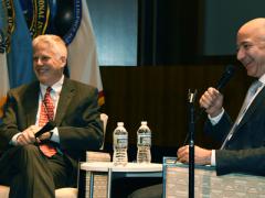 Lewis Shepherd (l), executive consultant on advanced technologies at Deloitte, spoke with Jeff Bezos, founder of Amazon and Blue Origin, about the rapid changes in technology at the AFCEA 2017 Spring Intelligence Symposium.
