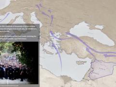 A screengrab of an interactive Esri story map uses imagery and maps to plot the migration of Syrians to Europe. Courtesy Esri via Twitter