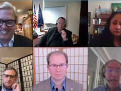 (Clockwise from upper left) Webinar moderator James FX Payne, James P. Craft, Asha M. George, Scott Charney, David Bray and Steve Shirley discuss the findings and recommendations of the AFCEA Cyber Committee's White Paper "COVID-19 Compels Better NSEP Planning."