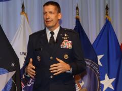 Lt. Gen. Robert Skinner, USAF, director, DISA, and commander JFHQ-DODIN, discusses the reorganization of DISA during the opening keynote of TechNet Cyber 2021 in Baltimore. Photo by Michael Carpenter