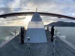 The USS Zumwalt, one of the Navy's most technologically advanced ships, transits the Golden Gate as it enters San Francisco Bay. The U.S. Navy is working with industry to speed new information technology capabilities into the service. Credit: U.S. Navy photo