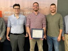 TRSS colleagues formed Team PhishRSS to enter this year’s AFCEA EPIC App Challenge, creating an app that adds an element of security to social media privacy settings to win the $5,000 first place prize. Pictured from left: Hannah Lensing, Zach Seid, Zachary Drake, Chris Smith and William Garcia.