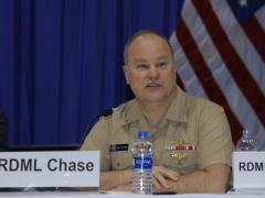 Rear Adm. William Chase III, USN, deputy director for command, control, communications and computers/cyber, J-6, Joint Staff, speaks on a cyber-focused panel at West 2019. Photo by Michael Carpenter