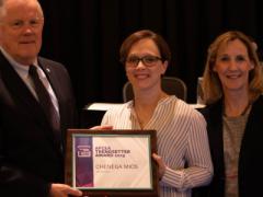 Accepting the Trendsetter Award on behalf of Chenega MIOS is Heather Lacroix (c), a member of AFCEA’s Small Business Committee and president of Chenega Technical Innovations. The award was presented by Lt. Gen. Robert Shea, USMC (Ret.), president and CEO of AFCEA, and Tina Jordan, AFCEA’s vice president of membership, at the Homeland Security Conference. Credit: Carizza Rosales
