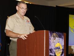 Brig. Gen. Joseph R. Clearfield, USMC, deputy commander, U.S. Marine Forces Pacific, gives the opening keynote on Day 2 of TechNet Indo-Pacific. Credit: Tony Grillo photo