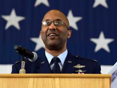 Col. William Young, USAF, commander of the 350th Spectrum Warfare Wing, speaking at the standup of the new wing in June at Eglin Air Force Base, Florida, says the wing’s application of the STITCHES technology will be critical to being able to dominate operations in the electromagnetic spectrum. Credit: Air Force photo by Lt. Karissa Rodriguez