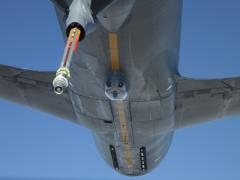 Air National Guard KC-135R equipped with a Large Aircraft Countermeasures System (center of the aircraft) performs an aerial refueling test. Lockheed Martin Corp., Marietta, Georgia, has been awarded an $11,023,298 contract modification for C-130J large aircraft infrared countermeasures Group A kits and jump platform storage assemblies. (Air Force photo by Chris Neill)