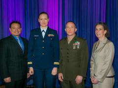 The 2016 Copernicus Award winners accepting at the Defensive Cyber Operations Symposium are (l-r) Martin J. Pfeifle, Headquarters U.S. Marine Corps; Lt. Kirsten M. Ambors-Casey, USCG, Coast Guard Base New Orleans; Maj. Nathan D. Faught, USMC, Marine Air-Ground Task Force; and Beth Heiner, Headquarters U.S. Marine Corps.