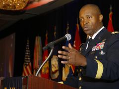 Lt. Gen. Bruce Crawford, USA, Army chief information officer, addresses the TechNet Augusta confrence. Photo by Michael Carpenter