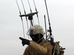 Staff Sgt. Kristoffer Perez, USA, Cyber Electromagnetic Activities section, 1st Armored Brigade Combat Team, 1st Infantry Division, carries a dismounted electronic warfare kit that allows him to work in concert with the rest of his section. To get inside an enemy’s OODA loop, commanders will need a way to see how electronic warfare is affecting the battlespace. Photo by Sgt. Michael C. Roach, 19th Public Affairs Detachment