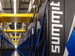 The Summit supercomputer at Oak Ridge National Laboratory is modeling the effects of drug molecules to stop the COVID-19 coronavirus. Credit: Carlos Jones/ORNL