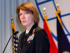 Vice Adm. Nancy Norton, USN, director, DISA, gives the luncheon keynote at the Defensive Cyber Operations Symposium in May. Photo credit: Michael Carpenter