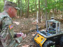 Roboticists at the Army Research Lab are pulling together components for robots to be able to take verbal instruction from soldiers and then complete a series of complex tasks. Here, the robot acts as a forward observer, detects a possible enemy position and relays the information to the soldier, who plans their next move. CCDC ARL