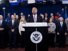 Homeland Security Secretary Jeh Johnson, joined by leadership and employees from the DHS, calls on Congress on Monday to fully fund the department.