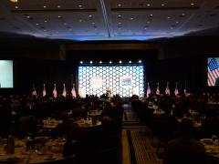 Director of National Intelligence Avril Haines speaks by video to the live audience at the opening luncheon of the 2021 Intelligence and National Security Summit. Photo by Herman Farrer