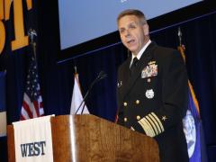 Adm. Philip S. Davidson, USN, commander, U.S. Indo-Pacific Command, warns of Chinese aggression in his Tuesday keynote luncheon address at WEST 2020. Photo by Michael Carpenter