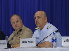 Rear Adm. David Dermanelian, USCG, assistant commandant, Command, Control, Communications, Computers and Information Technology, and commander, U.S. Coast Guard Cyber Command, discusses cooperation in the cyber realm as part of a panel at West 2019. Photo by Michael Carpenter