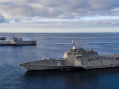 The USS Independence, USS Manchester and USS Tulsa move in formation in the eastern Pacific. These ships can operate within a network of surface combatants, which will be essential for the Navy to integrate capabilities and establish a kill web against adversaries.  U.S. Navy photo