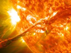 This coronal mass ejection many times the size of Earth erupted from the sun in 2012. Scientists at Los Alamos National Laboratory are working to prevent events such as this, which missed the Earth by only a few days, from inflicting serious and lasting damage on the power grid. NASA