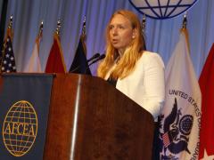 Kelly Fletcher, who is performing the duties of the DoD CIO, addresses attendees at TechNet Cyber 2021 in Baltimore. Photo by Michael Carpenter