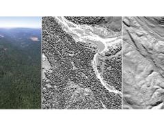 A forest is seen with greater detail when LiDAR technology is used (c, r) instead of aerial photography. LiDAR generates simultaneous digital surface maps of a forest canopy, vertical foliage profiles and ground topography, or digital elevation, maps. Objects in a smoke-filled room might be impossible to see with the naked eye (l) but visible using LiDAR range-gated technology.