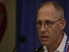 Brig. Gen. Paul Fredenburgh III, USA, J-6, Indo-Pacific Command, leads a panel discussion on combined cyber operations in the Indo-Pacific region. Credit: Bob Goodwin Photography