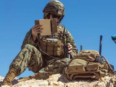 Master Sgt. Bryan Norman, USMC, marks targets for close-air support during last fall’s Weapons and Tactics Instructor Course 1-18 in Yuma, Arizona. The course provided air wing personnel a first chance to try the THS V.2 in that environment.
