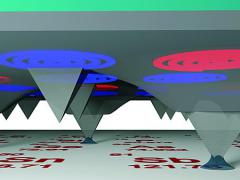 A digital micromirror device functions as a light-based desktop nanofabrication. A mirror array directs light to the back of each pyramidal probe in a massive array, allowing the light to be funneled down each probe to a nanoscale aperture at each tip. The system allows the performance of near- or far-field optical lithography on a massive scale.