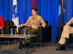 During a February 14 fireside chat at the West Conference, Lt. Gen. Lori Reynolds, USMC, deputy commandant for information, U.S. Marine Corps Headquarters (c), and Vice Adm. Nancy Norton, USN, director, DISA and commander of the Joint Forces Headquarters-Department of Defense Information Network (r), reflect on the challenges facing women in the military. DeEtte Gray, president of U.S. operations, CACI International and chairwoman of the AFCEA board, moderated the event. Credit: Michael Carpenter