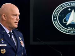 U.S. Space Force Chief of Space Operations Gen. John W. Raymond speaks at the Pentagon on March 27, 2020. The general, speaking at a virtual town hall on April 16, explains how the new service will pull together its personnel for its Force. Credit: U.S. Air Force photo by Wayne Clark
