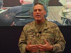 At a recent Association of the United States Army event, Lt. Gen. Paul Ostrowski, USA, outlines how the Army’s new Futures Command will work with the service’s acquisition community. Photo credit: Anna Neubauer
