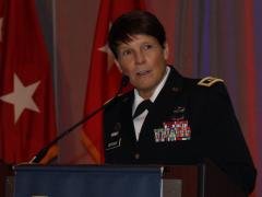 Maj. Gen. Maria Gervais, USA, STE cross-functional team director, Army Futures Command, addresses the AFCEA TechNet Augusta conference. Photo by Michael Carpenter