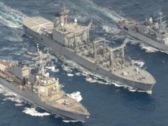 The USS Wilbur (l) conducts replenishment at sea with Japanese and French ships. The U.S. Indo-Pacific Command is expanding its exercise and training activities with allies and partners to boost its deterrent capabilities across the vast region.  U.S. Navy courtesy of Japan Maritime Self-Defense Force