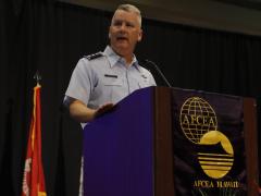 Lt. Gen. James Jacobson, USAF, deputy commander, U.S. Pacific Air Forces, describes the command’s pursuit of technology at TechNet Indo-Pacific. Credit: Tony Grillo photo