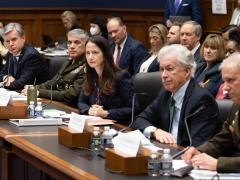 Intelligence community leaders, including (l-r) FBI Director Christopher Wray; Gen. Paul Nakasone, USA, director, National Security Agency and commander, U.S. Cyber Command; Avril Haines, director of National Intelligence, Office of the Director of National Intelligence; CIA Director William Burns; and Gen. Scott Berrier, USA, director, Defense Intelligence Agency, testify before Congress in March about lessons learned from Russia’s invasion of Ukraine. Senate Select Committee on Intelligence