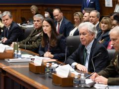 Intelligence community leaders, including (l-r) FBI Director Christopher Wray; Gen. Paul Nakasone, USA, director, National Security Agency and commander, U.S. Cyber Command; Avril Haines, director of National Intelligence, Office of the Director of National Intelligence; CIA Director William Burns; and Gen. Scott Berrier, USA, director, Defense Intelligence Agency, testify before Congress in March about lessons learned from Russia’s invasion of Ukraine.  Senate Select Committee on Intelligence